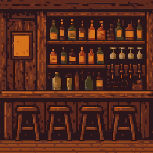 Rustic bar background.
In-Game asset.  2d.  High contrast.  No shadows. Pixelart