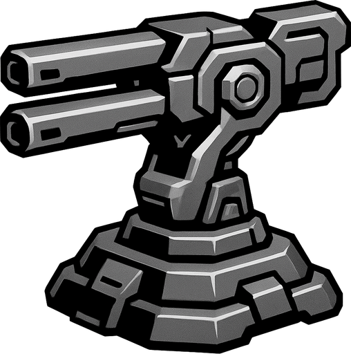 torreta futurista en escala de grises con aspecto default.
In-Game asset.  2d.  High contrast.  No shadows