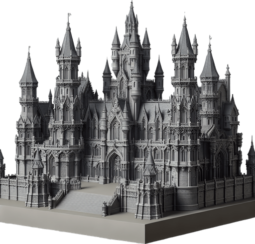 A grey fantasy castle.
In-Game asset. 2d. Transparent background. High contrast. No shadows.