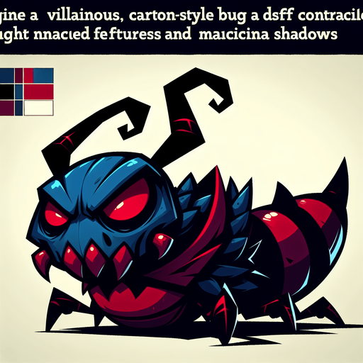 a cartoon bug. evil looking. dark blue and red color..
Single Game Texture. In-Game asset. 2d. Blank background. High contrast. No shadows.