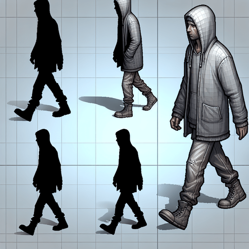 Бомж идёт.
Single Game Texture. In-Game asset. 2d. Blank background. High contrast. No shadows.