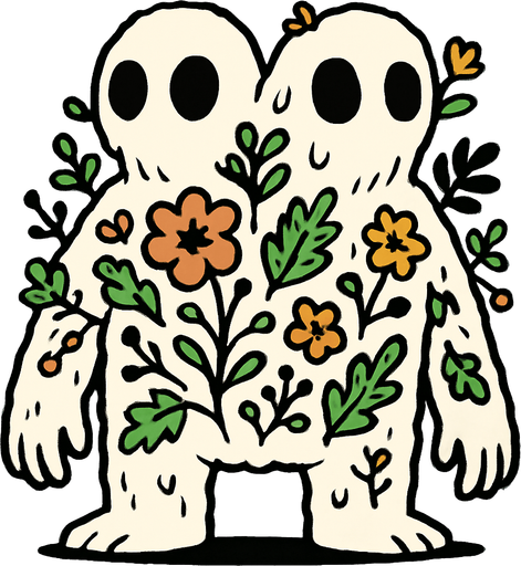 montruo blanco de ojos negros con dos cabezas con flora en el cuerpo.
In-Game asset.  2d.  High contrast.  No shadows
