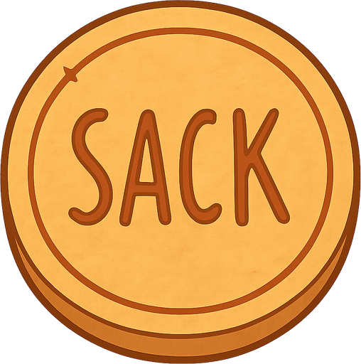 I want a coin and on it I want to be written sack. No background. Transparent background. Blank background. No shadows. 2d. In-Game asset. flat