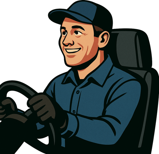 Smiling realistic driver. But hə is looking right.
In-Game asset.  2d.  High contrast.  No shadows