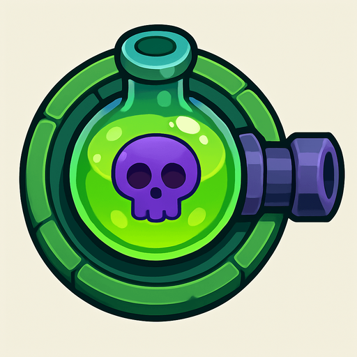 Crea la Torre Poison en un estilo 2D renderizado, limpio y cartoonish, con contornos claros y definidos, colores vibrantes con transiciones suaves, y sombreado que da volumen a sus superficies superiores.
La perspectiva debe ser VISTA CENITAL (totalmente desde arriba). Esto significa que la torre se verá como si estuviera siendo observada directamente desde arriba, con los detalles de su parte superior siendo prominentes.
La base de la torre debe ser circular para permitir un movimiento de cañón cómodo. La salida del veneno o el cañón debe apuntar hacia la DERECHA.
La torre debe tener un perfil bajo y la menor cantidad de relieve vertical posible para facilitar una rotación fluida en la animación..
In-Game asset.  2d.  High contrast.  No shadows