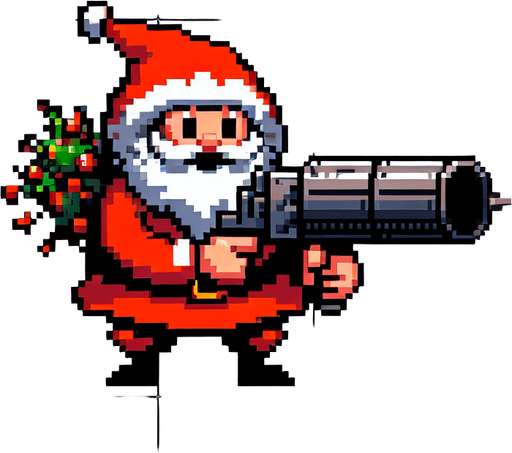 a top view of a 16 bit sprite santa with a bazooka Single Game Texture. In-Game asset. 2d. Blank background. High contrast. No shadows.