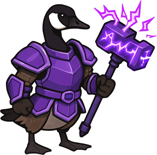 A Canadian goose in armor armed electro purple battle hammer..
In-Game asset.  2d.  No shadows