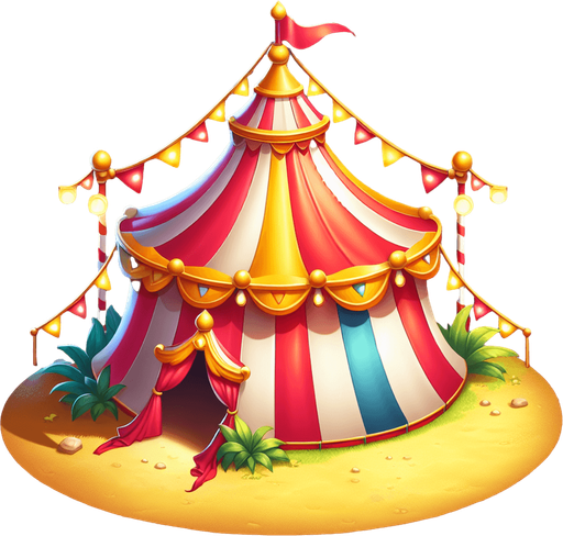 circus tent png image.
Single Game Texture.  In-Game asset.  2d.  Blank background.  High contrast.  No shadows
