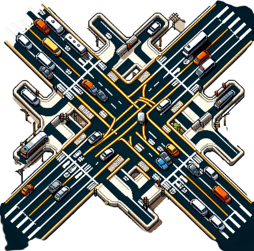 top down view of a big crossroad, pixelart style, from above.
Single Game Texture. In-Game asset. 2d. Blank background. High contrast. No shadows.