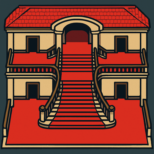 una mansion con piso rojo vista completa y totalmente desde arriba y desde dentro con una escalera grande igual que la de scarface la pelicula y pasillos a los lados.
In-Game asset.  2d.  High contrast.  No shadows