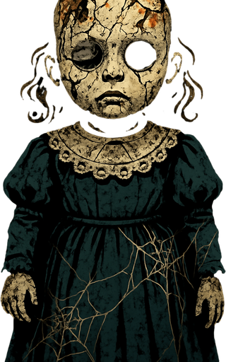 one scary porcelain doll. It is clear from the whiteness of his skin that he has been standing there for years, one eye is completely closed and one eye is open but he has no eyes (jet black). She has suffered blows for years, fractures and burns on her head, and her beautiful dress is covered with cobwebs..
In-Game asset.  2d.  High contrast.  No shadows
