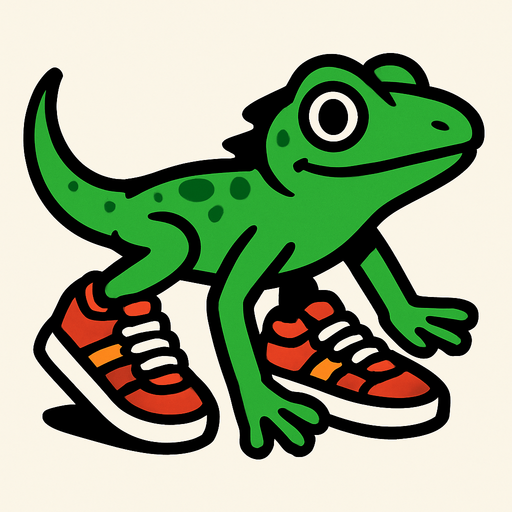 Crea una lagartija con tenis.
In-Game asset.  2d.  High contrast.  No shadows