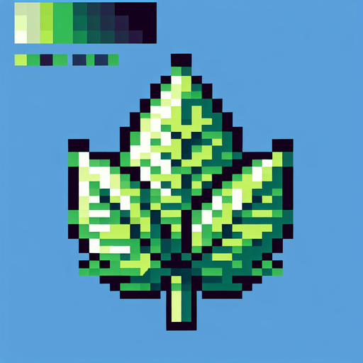 8 bit image anime green leaf.
Single Game Texture.  In-Game asset.  2d.  Blank background.  High contrast.  No shadows
