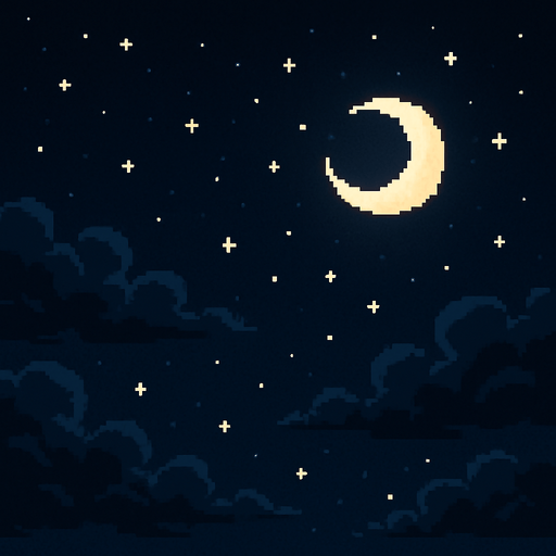 Night sky background, dark blue clouds, stars and moon, peaceful nighttime atmosphere, 2D pixel art.
In-Game asset.  2d.  High contrast.  No shadows