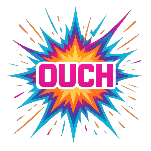 cyberpunk explosion with the word "ouch" in the middle. sparks.
In-Game asset.  2d.  High contrast.  No shadows