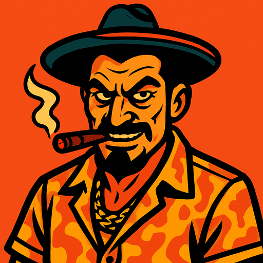 Draw me a criminal, mischievous cunning man who looks like a malevolent Mexican cartel.
In-Game asset.  2d.  High contrast.  No shadows