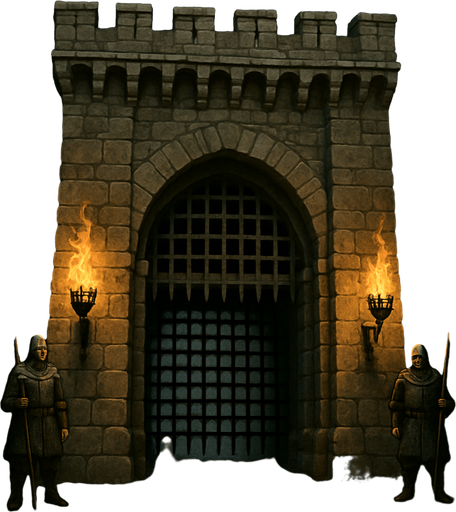 A massive medieval stone gate with iron portcullis, guards watching travelers, torches burning in brackets, heavy clouds above, realistic.
In-Game asset.  2d.  High contrast.  No shadows