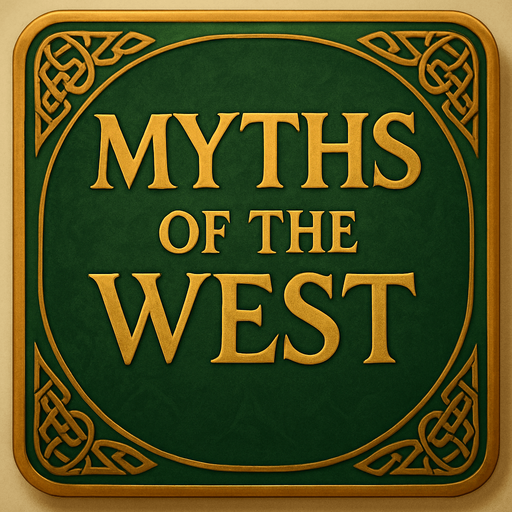 Kare ama köşeleri oval bir banner. LOTR tarzı. Yeşil ve altın sarısı ağırlıklı. İçinde "Myths of the West" yazıyor.