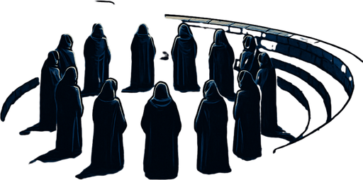 A mountaintop stone amphitheater under a glowing full moon, robed figures in a ritual circle, icy wind sweeping, high above the clouds, solemn medieval council scene, realistic.
In-Game asset.  2d.  High contrast.  No shadows