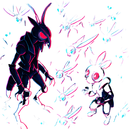 Neon cyberpunk horror anime top down isometric Lokix Nymble robot locusts swarming