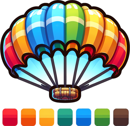 parachute. multicoloured. cartoon style..
Single Game Texture. In-Game asset. 2d. Blank background. High contrast. No shadows.