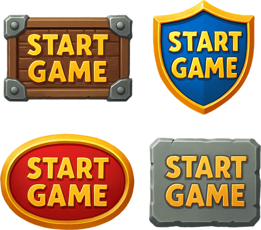 Medieval "start game" buttons. HD colors. 
In-Game asset.  High contrast.  No shadows. 3D