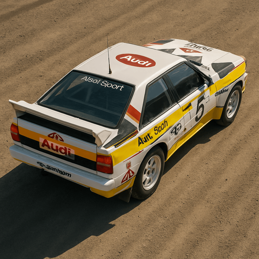 Photorealistic audi b2 quattro RALLYCAR, drone topview from back. Angle should be 45 degrees in the top right corner of the screen