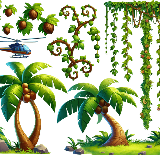 Design a cartoon-style palm tree or jungle vine obstacle for a helicopter game. The palm should have a curved trunk, big floppy leaves, and maybe coconuts. The vines can hang or swing. Make it playful and jungle-themed.
