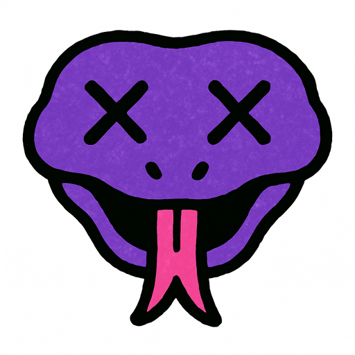 cabeza de serpiente morada con x en los ojos.
In-Game asset.  High contrast.  No shadows. 2d draw, kid draw, simple, minimalistic