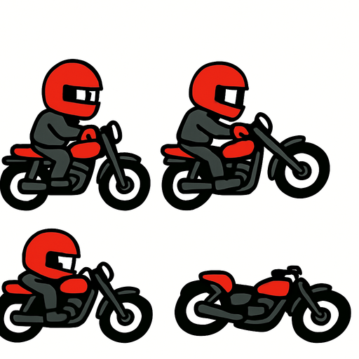 Create a simple 2D animation of an enemy motorcycle falling sideways to the ground.  
The animation should have 5 frames showing the bike tilting and then lying flat.  
Use a cartoonish style matching a simple 2D game..
In-Game asset.  2d.  High contrast.  No shadows