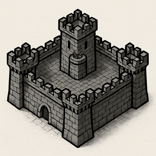 17. century tower castle square shaped 1x1 medeval military base,grey coloured top-down look , simple design, medieval-semirealistic..
In-Game asset.  2d.  High contrast.  No shadows