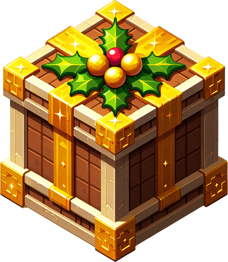a big light brown and yellow christmas gift decorated with holly leaf. isometric view. no floor. Single Game Texture. In-Game asset. 2d. Blank background. High contrast. No shadows.