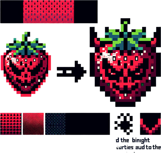 a demonic strawberry, pixel style.
Single Game Texture.  In-Game asset.  2d.  Blank background.  High contrast.  No shadows