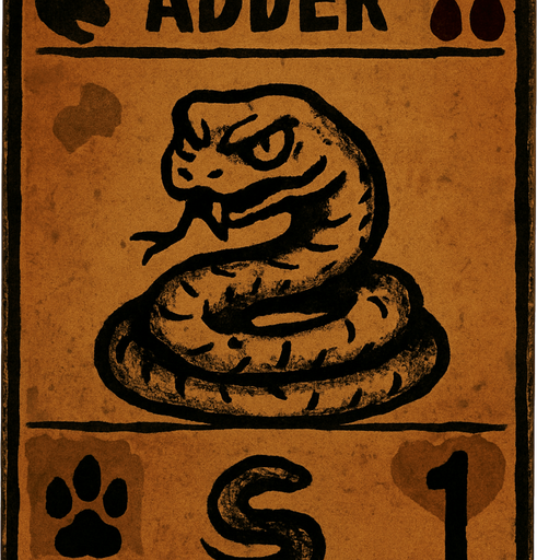 Design a rectangular card that looks like it's from an old card game, with a faded parchment-style background in a dull orange-brown color and a dark border. At the top of the card, display the word "ADDER" in bold, uppercase letters. In the top-left corner, include a dark gray snake head silhouette symbol. In the top-right corner, place two dark red blood drop icons. In the center of the card, draw a coiled snake with a threatening expression, hand-drawn style, with rough and slightly uneven lines. The snake should have a forked tongue sticking out and a sinister look in its eyes. In the bottom-left corner, add a black paw print icon with the number "1" next to it. In the bottom-right corner, include a heart-like icon also with the number "1" beside it. The overall atmosphere of the card should be dark, eerie, and mystical, with an old, handmade aesthetic..
In-Game asset.  2d.  High contrast.  No shadows