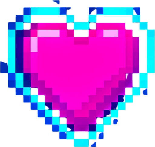 Neon pink heart. Pixel art style. Slight neon blue outer glow.
In-Game asset.  2d.  High contrast.  No shadows