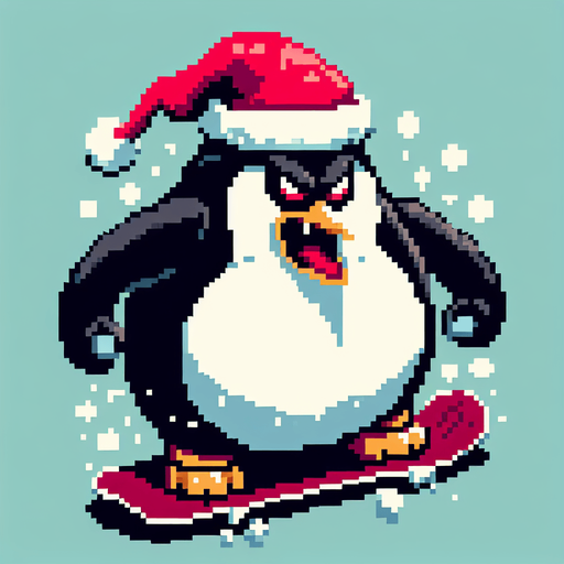 Giant angry penguin snowboarder wearing a red santa hat. top-view. gta 2. seen from above. Single Game Texture. In-Game asset. 2d. Blank background. High contrast. No shadows. pixelated. 8 bit.
A
