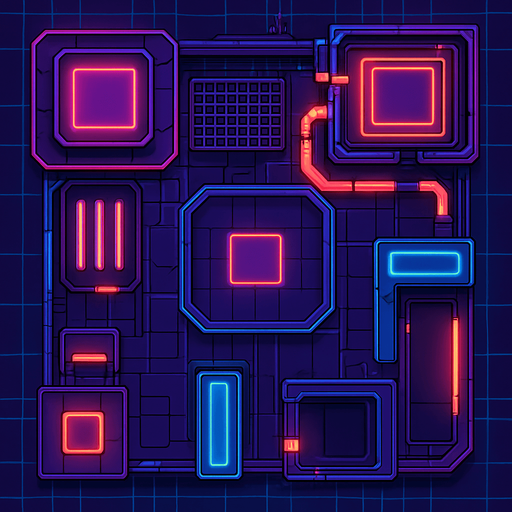 2D Top floor of complicated tower facing the screen to use it as a grid. future. Cyberpunk+abstract style. neon lights. seen from above. HD colors. No Diagonal assets.