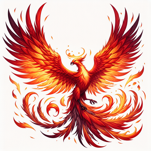 A fiery Phoenix with wings outspread..
Single Game Texture. In-Game asset. 2d. Blank background. High contrast. No shadows.