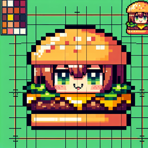 8 bit anime image delecious burger.
Single Game Texture.  In-Game asset.  2d.  Blank background.  High contrast.  No shadows