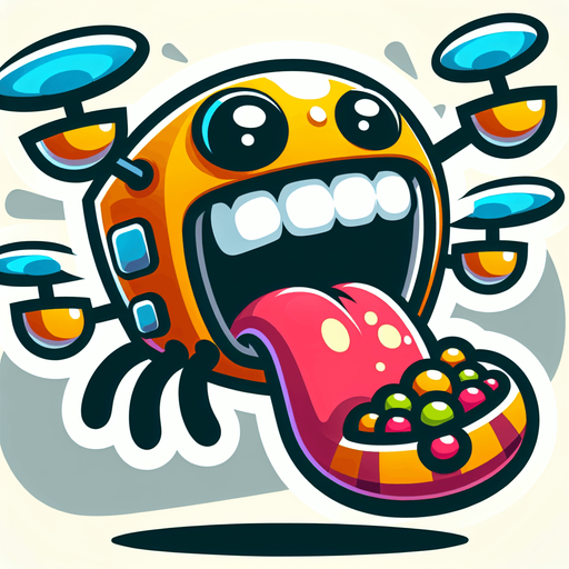 A fun loving hungry cartoon drone with a giant mouth.
Single Game Texture. In-Game asset. 2d. Blank background. High contrast. No shadows.