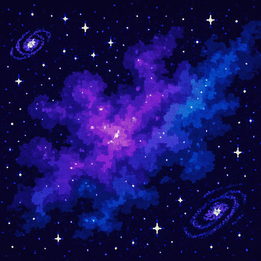 Space nebula background, cosmic clouds, purple and blue colors, stars and galaxies, sci-fi atmosphere, 2D pixel art.
In-Game asset.  2d.  High contrast.  No shadows