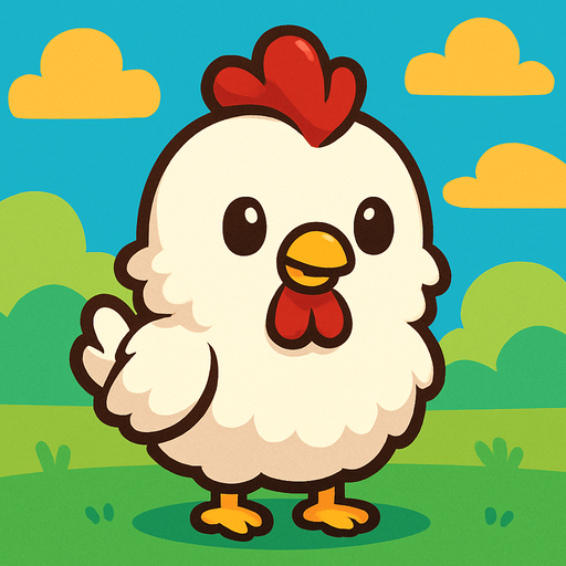 “A cute cartoon-style chicken character designed for a mobile game. White fluffy feathers, red comb and wattle, small yellow beak, round black eyes, tiny orange feet, standing upright with a cheerful expression. Colorful, simple background. High-quality digital illustration, ideal for a fun kids game.”.
In-Game asset.  2d.  High contrast.  No shadows. cartoon style