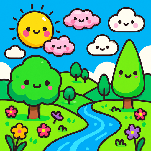 crea un paisaje kawai.
In-Game asset.  2d.  High contrast.  No shadows
