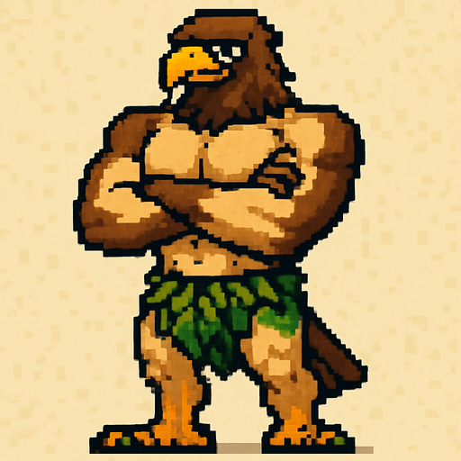 Aguila real furry fuerte cruzando los brazos sin camisa y gran pectoral con un taparrabos de hojas pixeleado todo el cuerpo.
In-Game asset.  2d.  High contrast.  No shadows