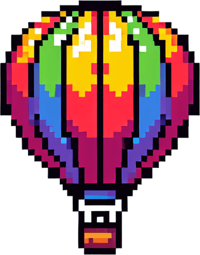 hot air balloon with simple pixel art.
Single Game Texture. In-Game asset. 2d. Blank background. High contrast. No shadows.