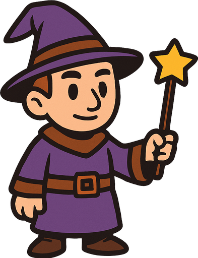 Mago con sombrero morado y marrón sin barba con varita con estrella, de cuerpo entero.
In-Game asset.  2d.  High contrast.  No shadows