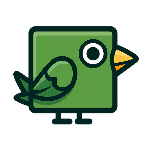 Square shaped green bird facing to the right.
In-Game asset.  2d.  High contrast.  No shadows