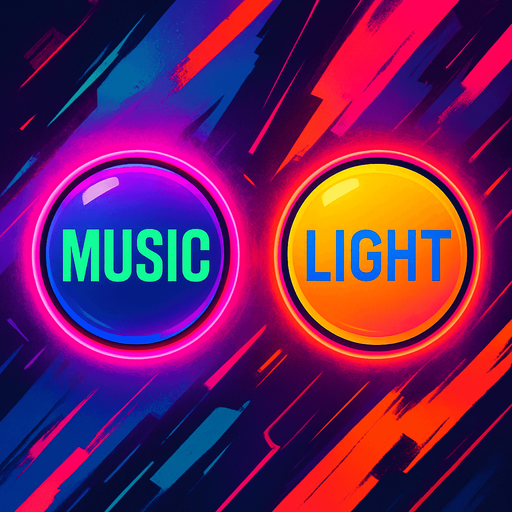 Setting buttons shapes as sphere or circle & have text 'Music' & another have text 'Light'. HD colors. cyberpunk. Abstract. Different colors.
In-Game asset.  2d.  High contrast.  No shadows