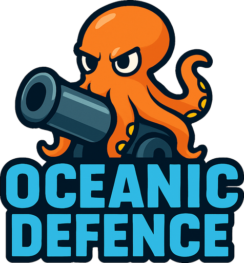 crea un titulo que diga oceanic defence con un pulplo detras de las letras que esta sentado en un cañon negro.
In-Game asset.  2d.  High contrast.  No shadows