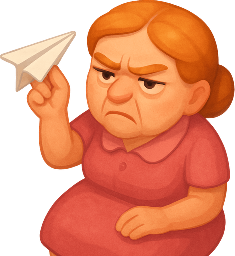 A lady ready to throw a paper plane. She has a pink dress and orange hair. She looks like she has been working in an office for 40 years. Make her look annoyed. Cute soft graphics. soft ambient light. semi-matte to satin surfaces. naturalistic with slight saturation boost colors. 
In-Game asset.  2d.  High contrast.  No shadows. top down. View from above.